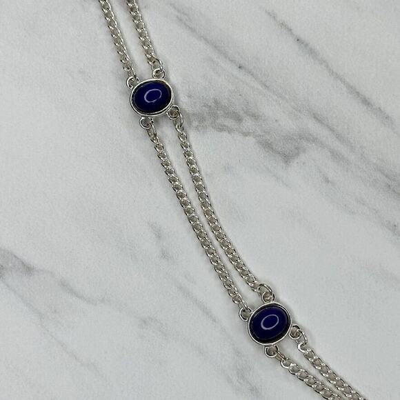 Chico's Blue Cabochon Double Strand Long Silver Tone Chain Link Station Necklace - Picture 15 of 16